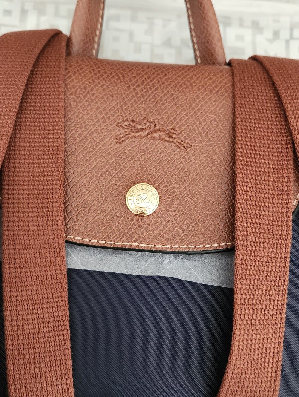 Longchamp Brown & Navy Nylon Backpack with Leather Flap - Picture 3 of 8
